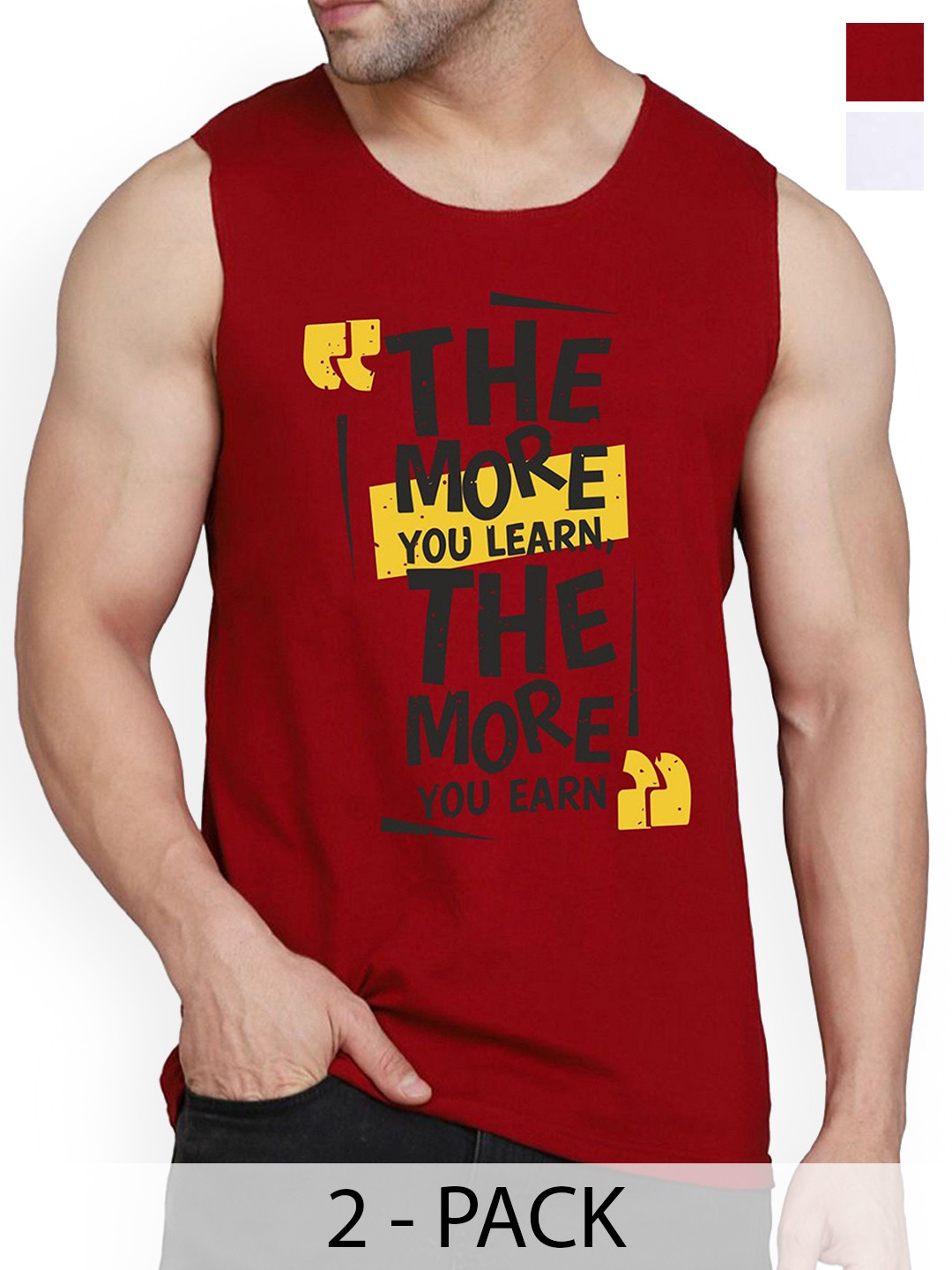 Woostro Men Pack Of 2 Printed Gym Innerwear Vests RS26 CMB (RUN WHITE) (MORE MAROON)