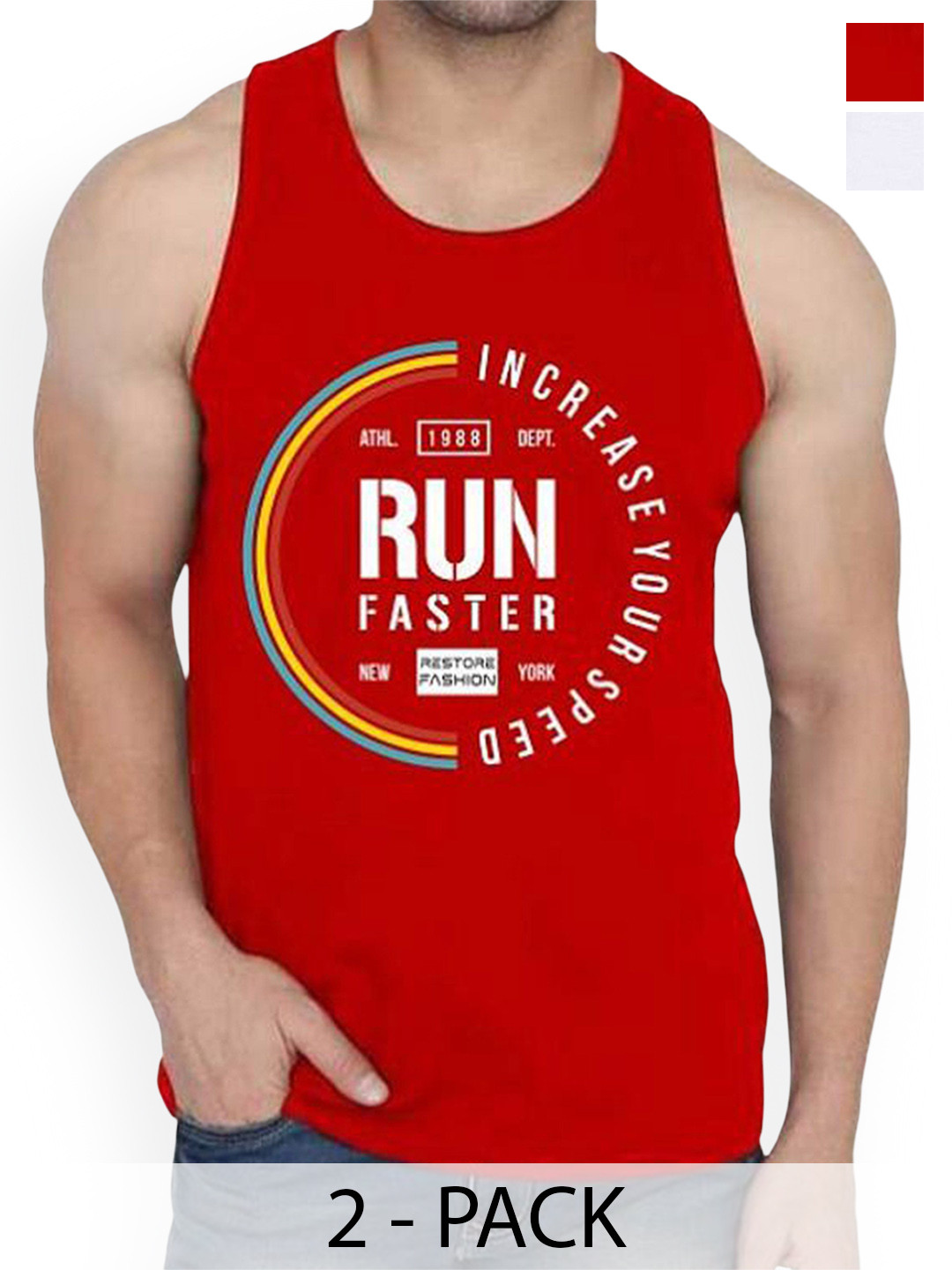 WOOSTRO 2-Pcs Printed Cotton Innerwear Vests RS26 CMB (MORE WHITE) (RUN RED)