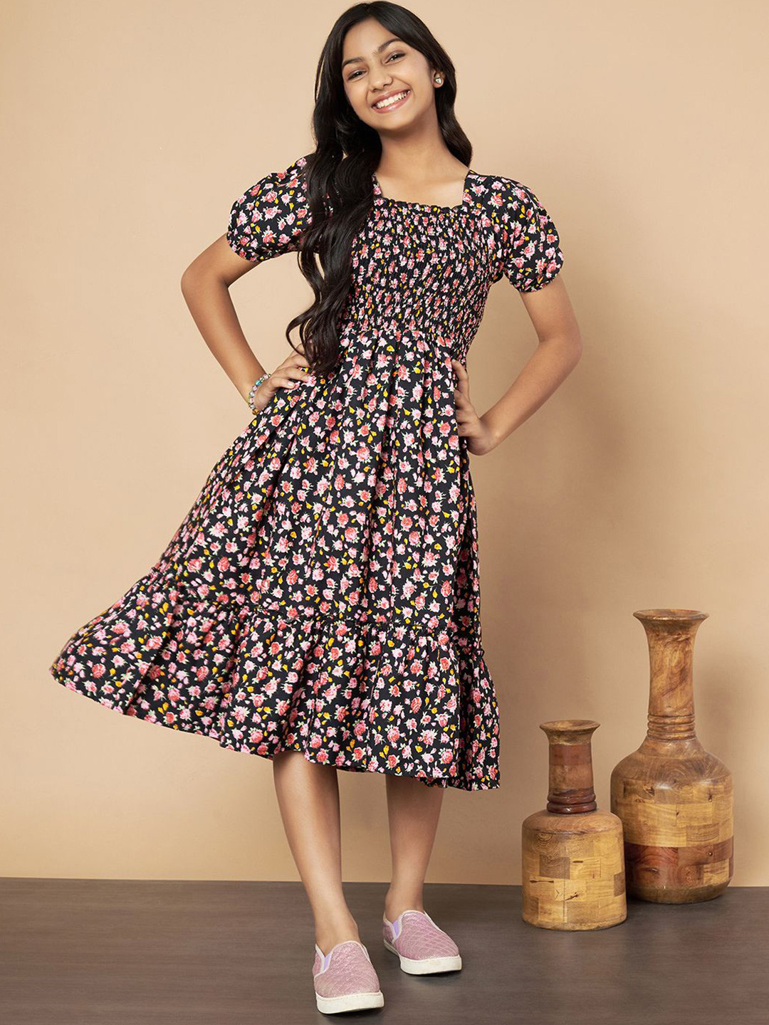 ZWERLON Girls Floral Printed Puff Sleeve A-Line Midi Dress