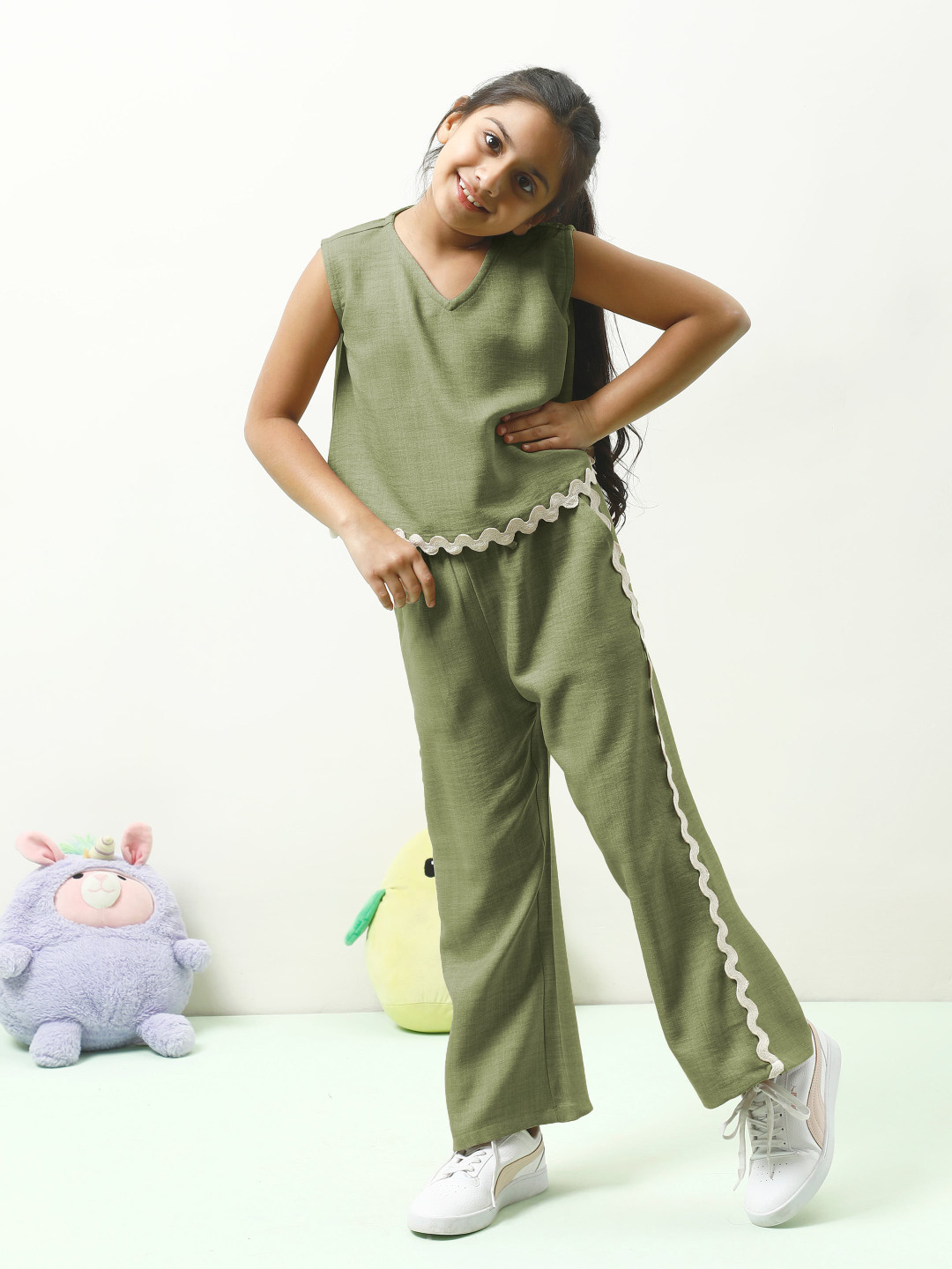 Athena Girls V-Neck Linen Top With Trouser