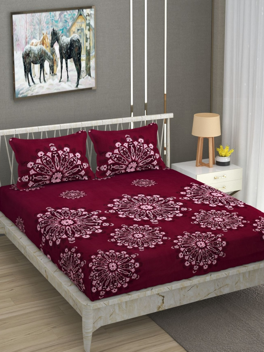 AJISH Maroon Floral Cotton Breathable 180 TC Double Fine Bedsheet with a Pillow Cover-54 x 90 inches