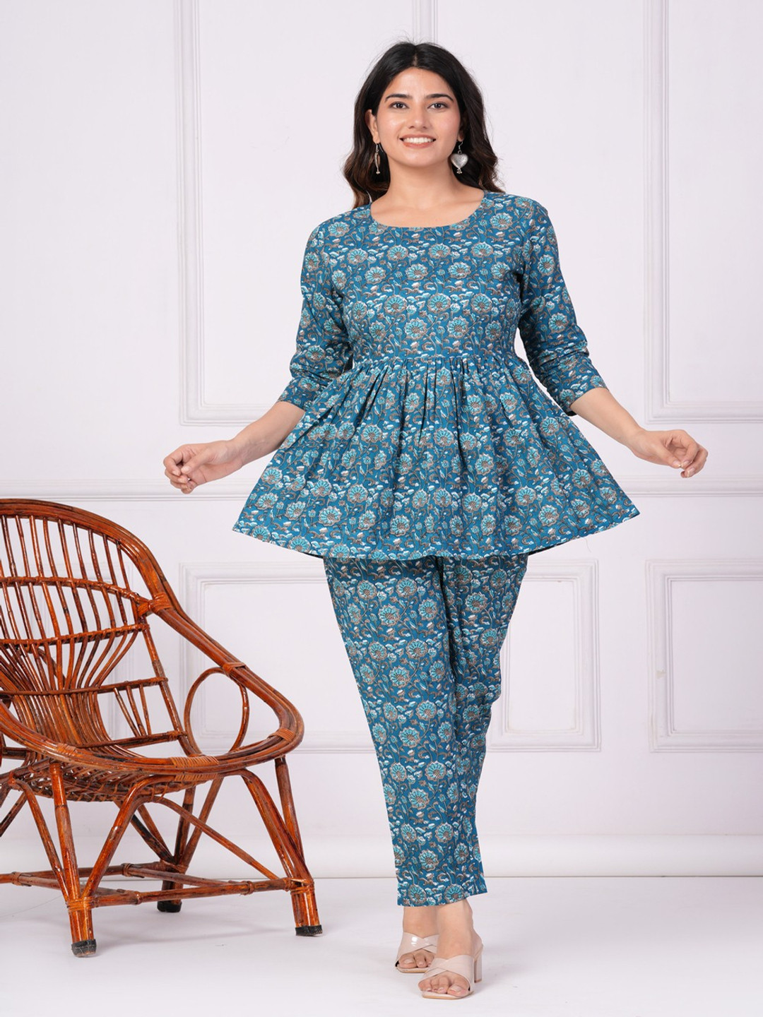 COTNUF Printed Pure Cotton Flared Top With Trouser & Belt