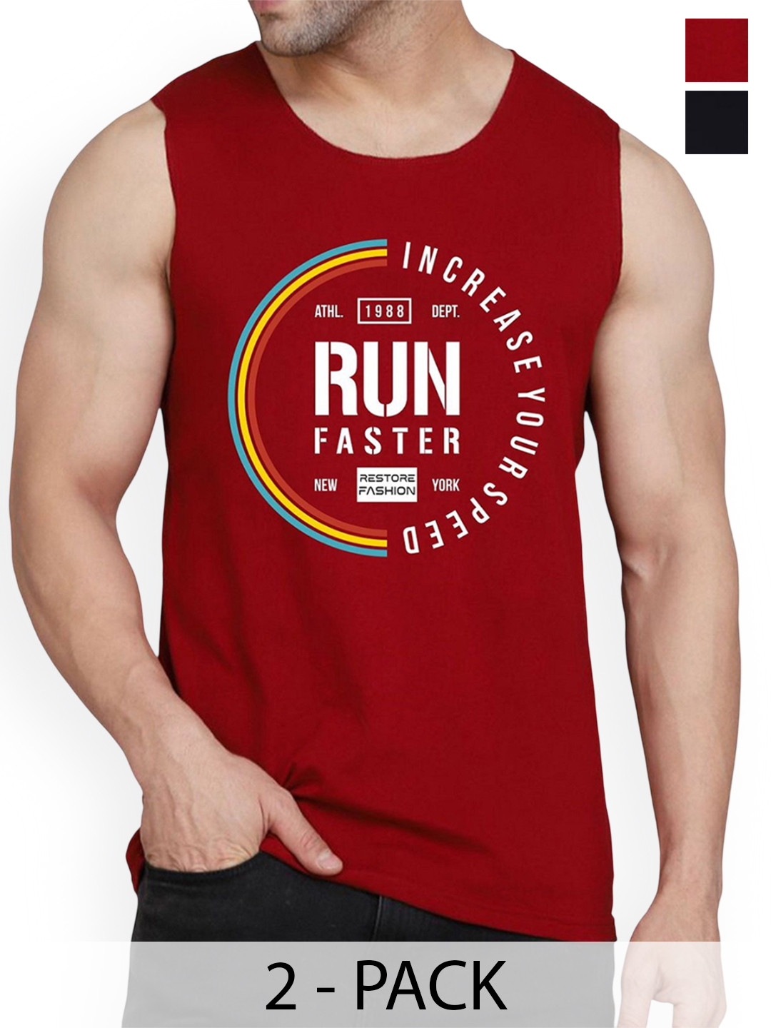 Woostro Men Pack Of 2 Printed Gym Vests RS26 CMB (RUN MAROON) (HARD BLACK)