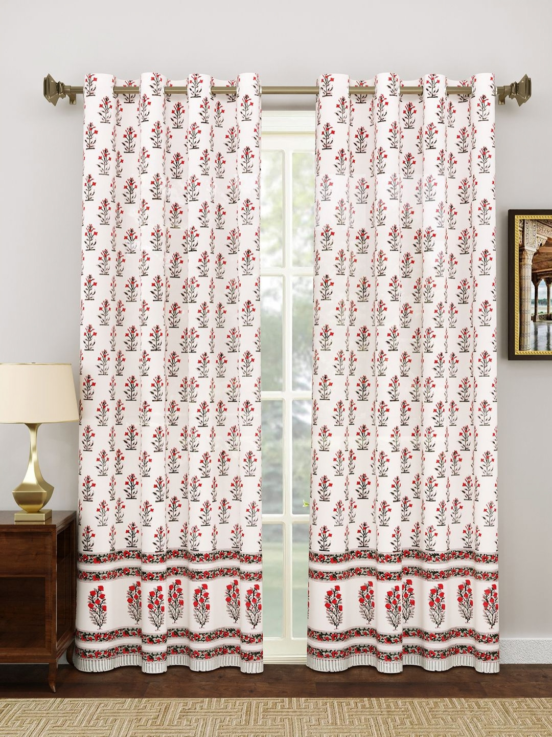 Myntra Elegant Homes Red & Cream 2 Pieces Cotton Eyelet Floral Door Curtain