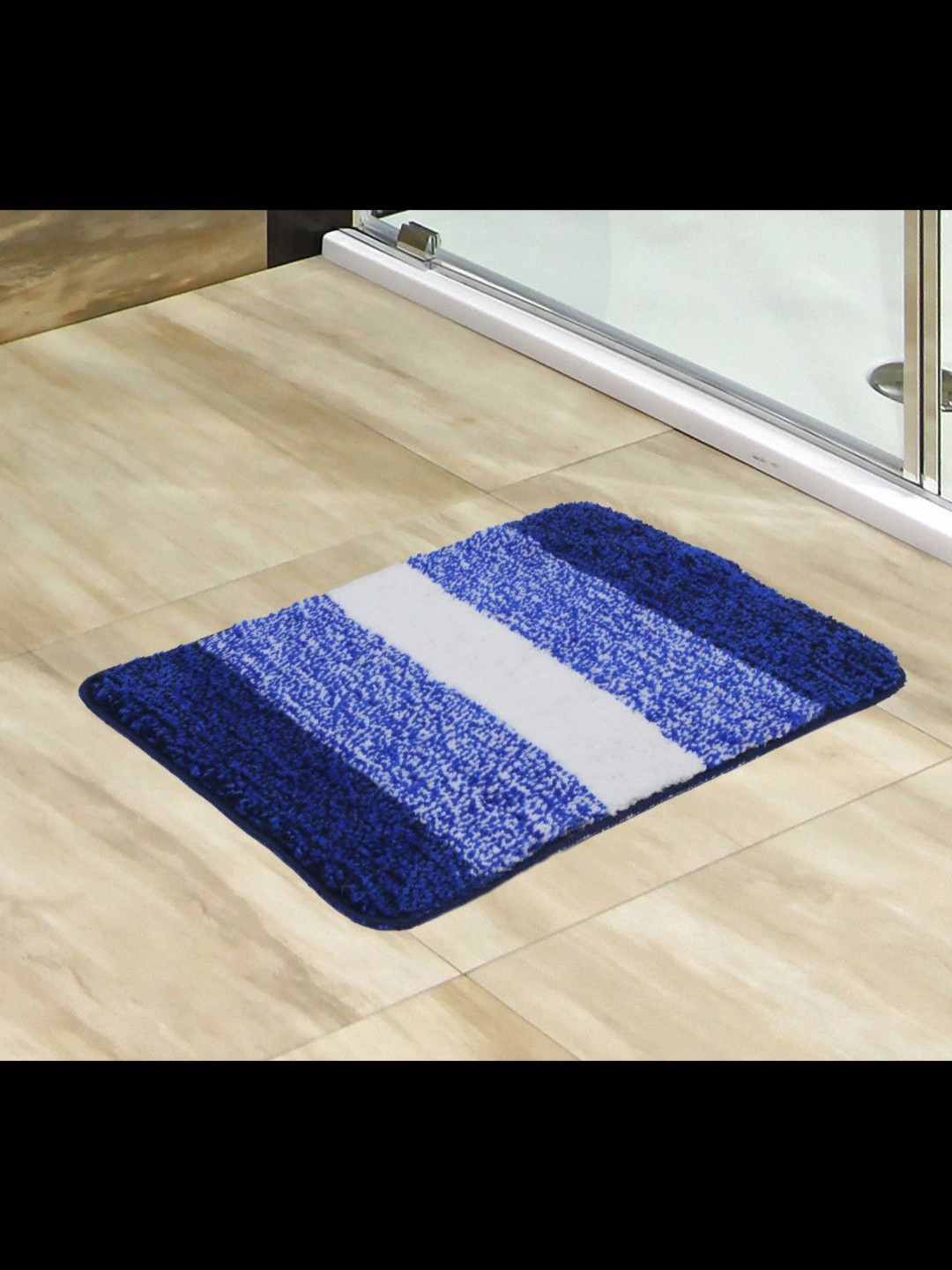 MAA HOME CONCEPT Blue & White Striped Microfiber 1500 GSM Anti Skid Bath Rug
