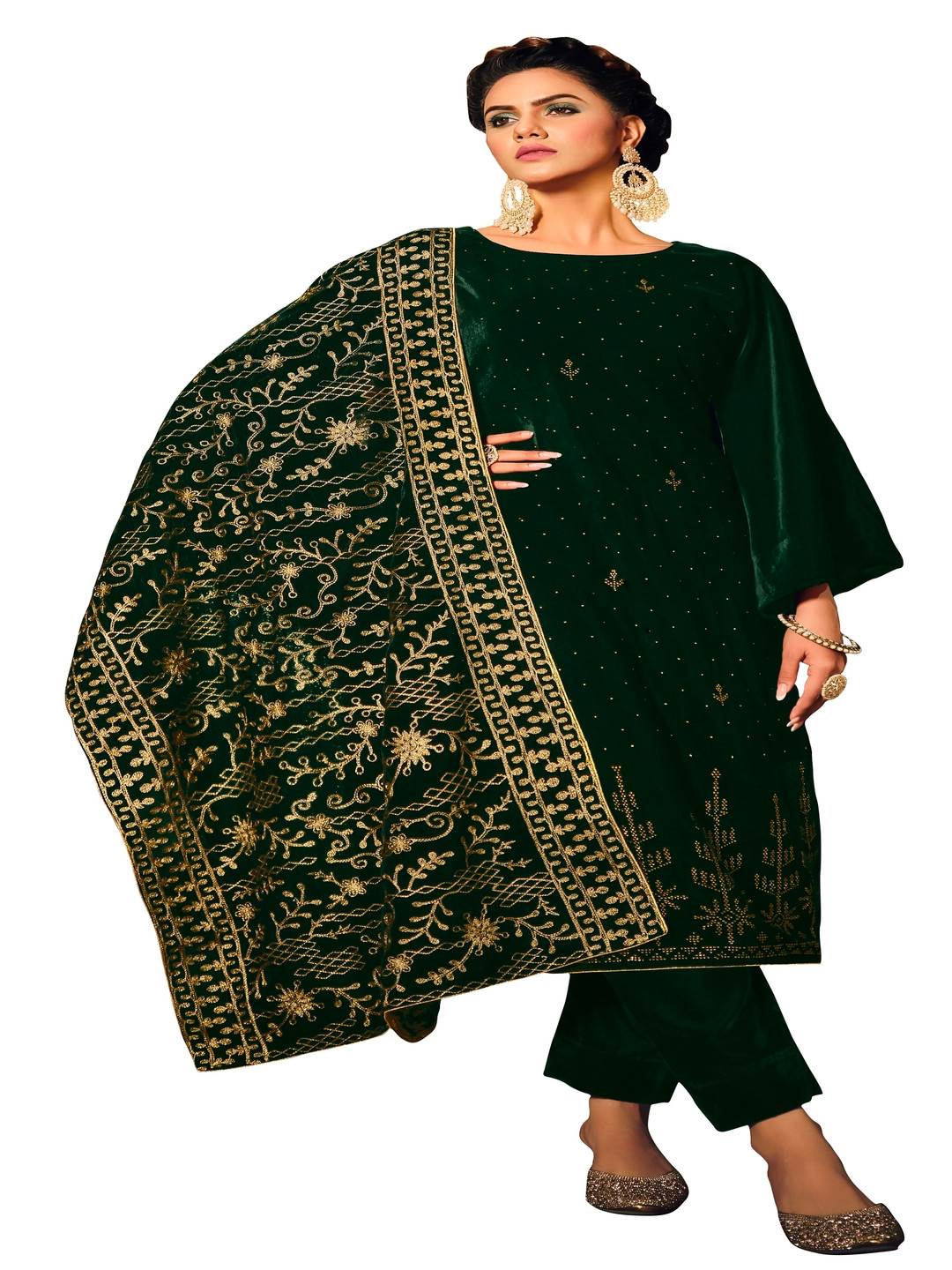 DRAVINAM Trends Beads And Stones Velvet Unstitched Dress Material