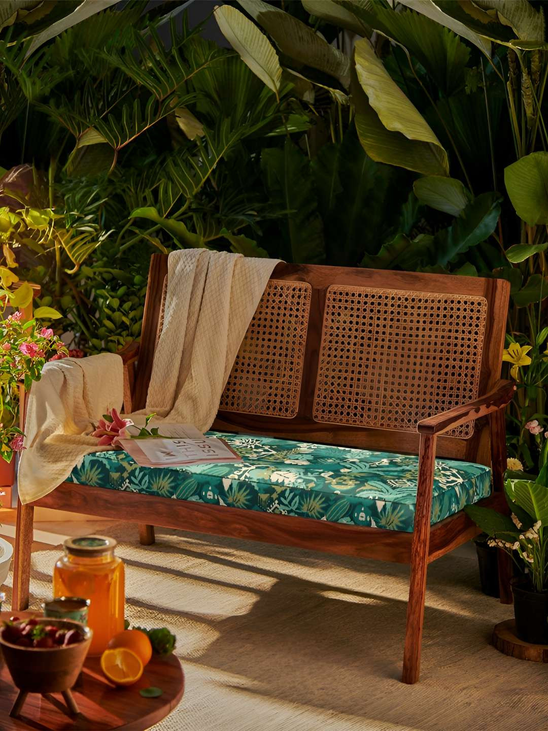 Chumbak French Rattan Love Seat Tropical Ikkat Green & White Two Seater Inflatable Sofa