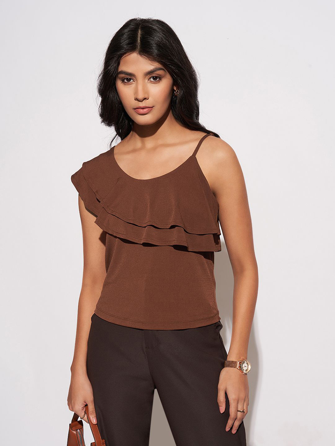 Annabelle by Pantaloons Women Solid One Shoulder Top With Frills