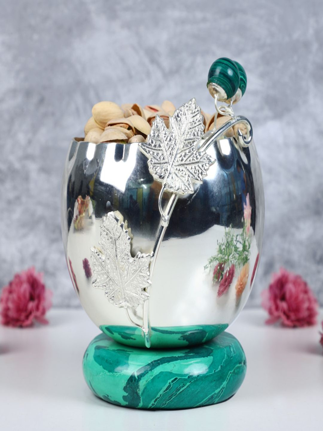 THE HOME CO. Malachite Silver-Toned Textured Aluminium Easy to Clean Serving Bowl