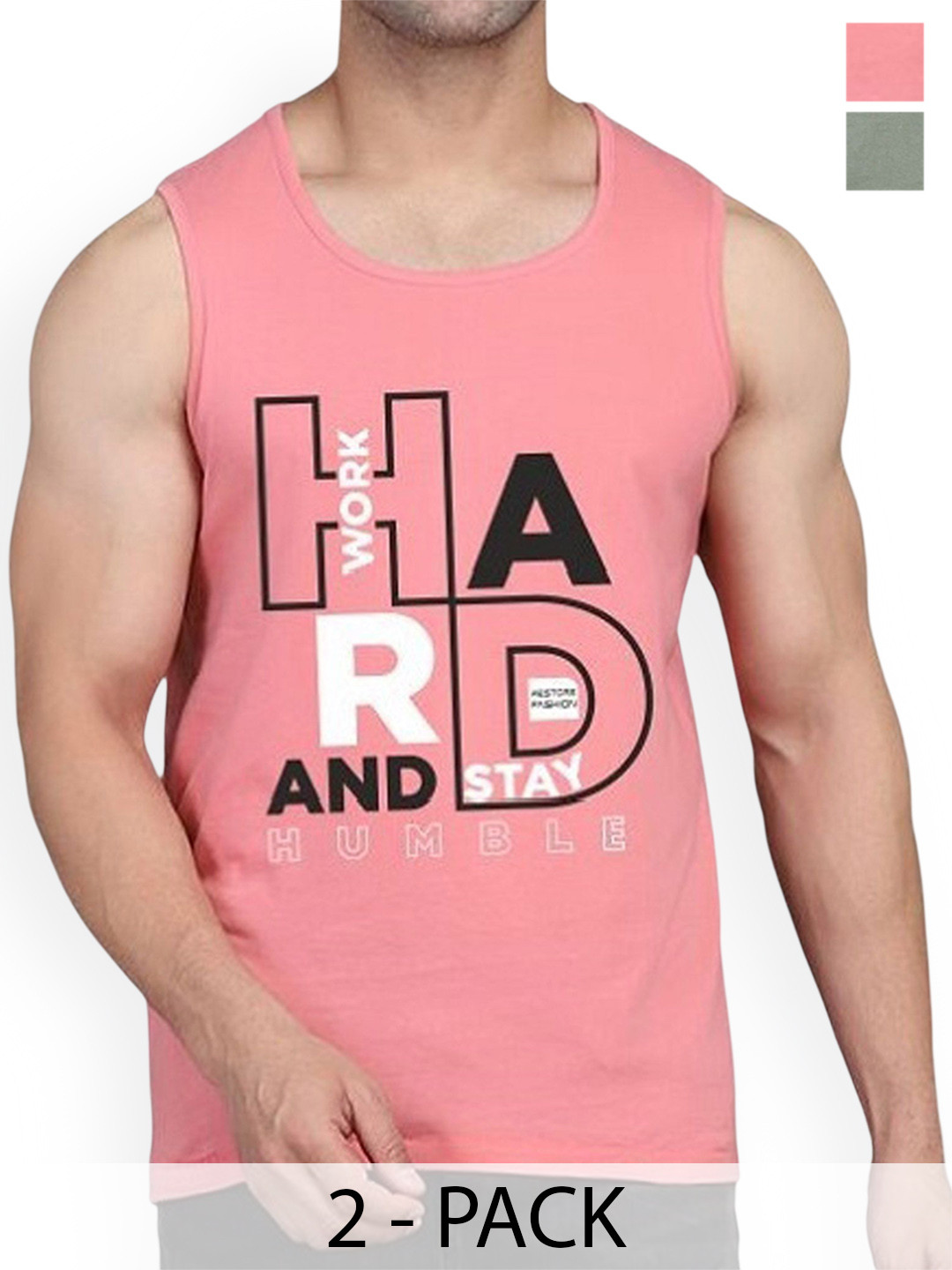 WOOSTRO Pack Of 2 Printed Combed Cotton Gym Vest RS26 CMB (HARD PEACH) (RUN LGTGREEN)