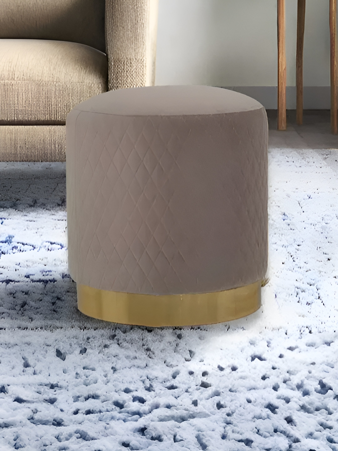 Royaloak Vector Brown Geometric Textured Cylindrical Shape Wooden & Velvet Ottoman