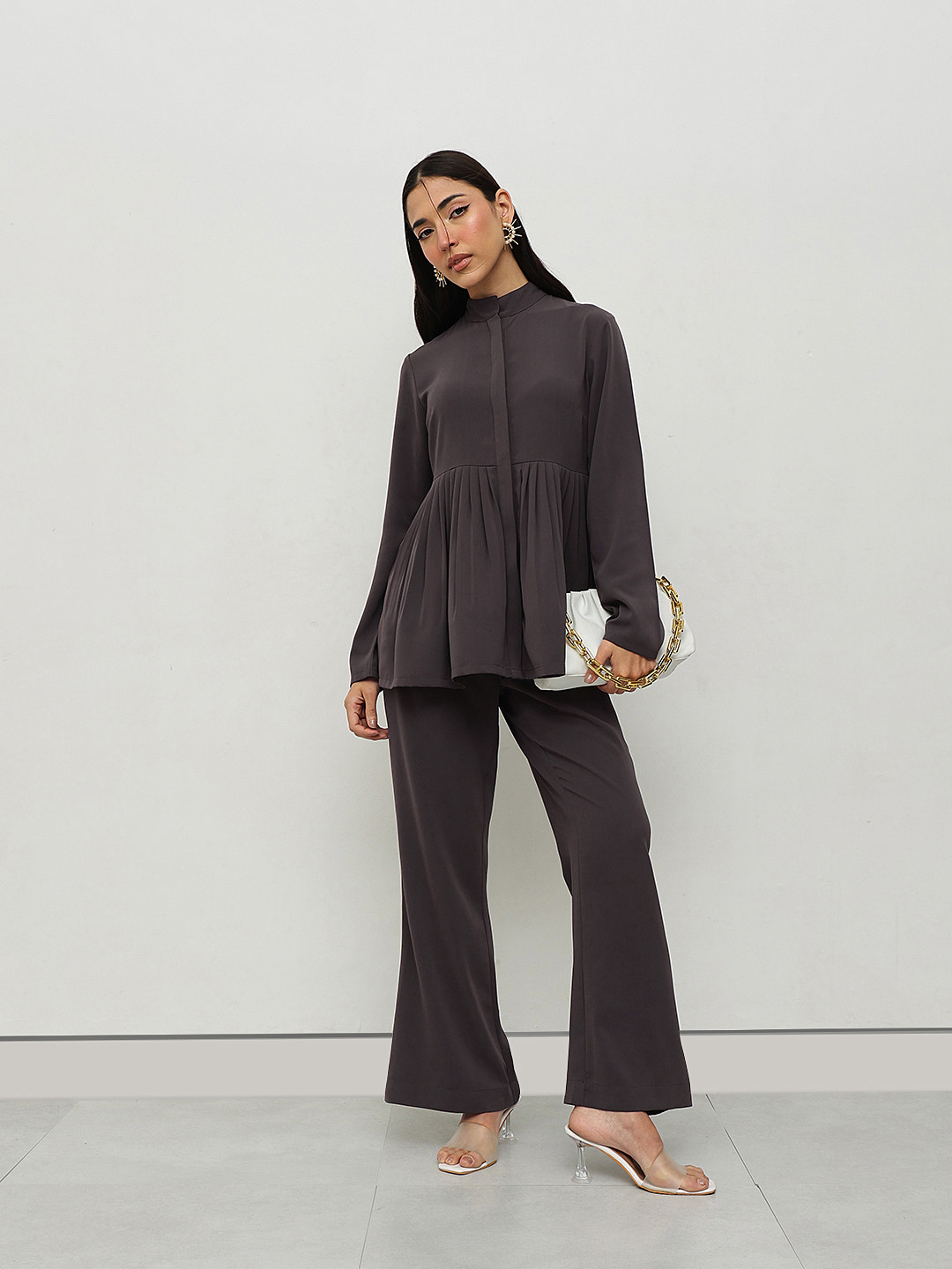 HOUSE OF S Mandarin Collar Pleated Top With Trousers