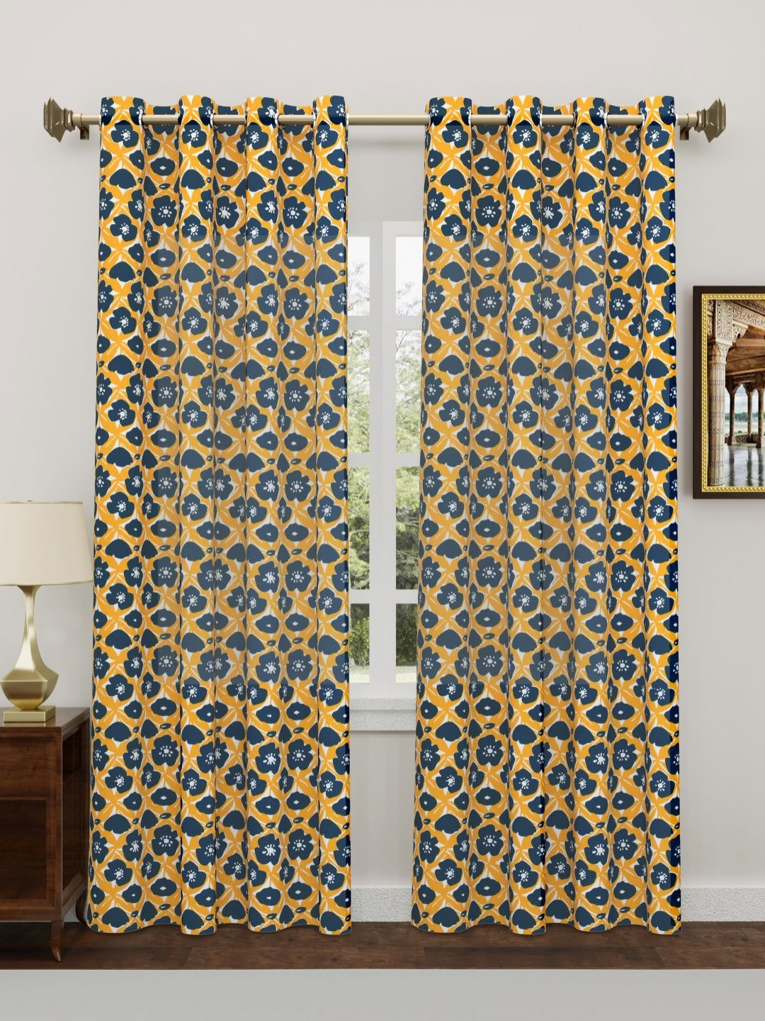 Myntra Elegant Homes Blue & Yellow2 Pieces Cotton Eyelet Floral Long Door Curtain