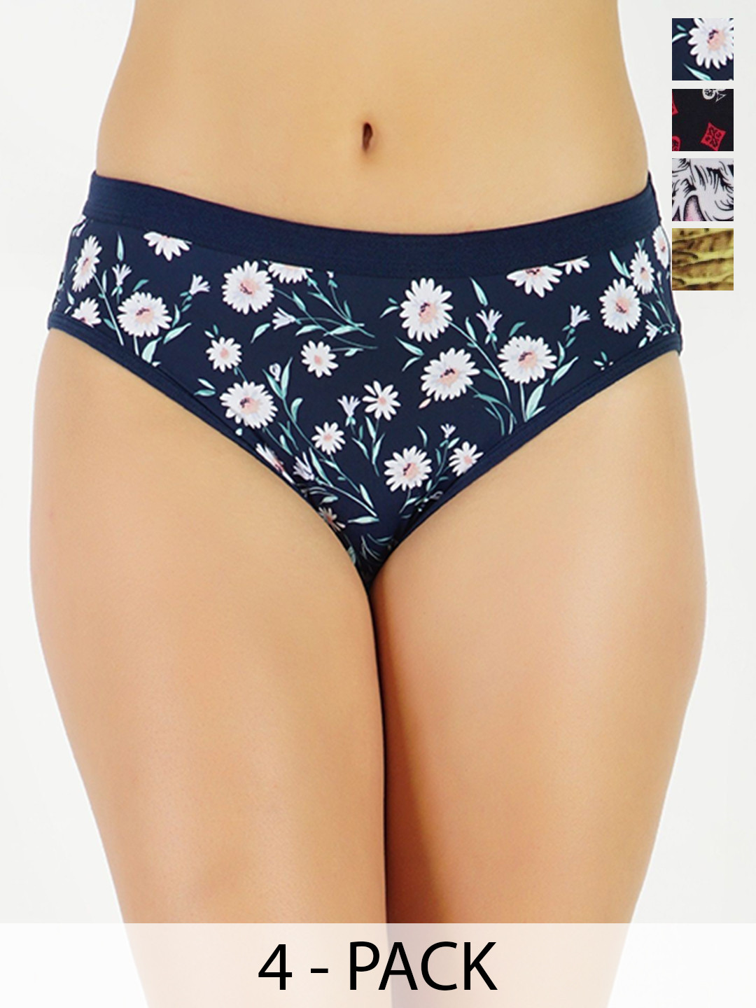 GOTO 4-Pcs Printed Mid-Rise Bikini Briefs nylon lyc Print outer elastic Blk Blu Pin Oli