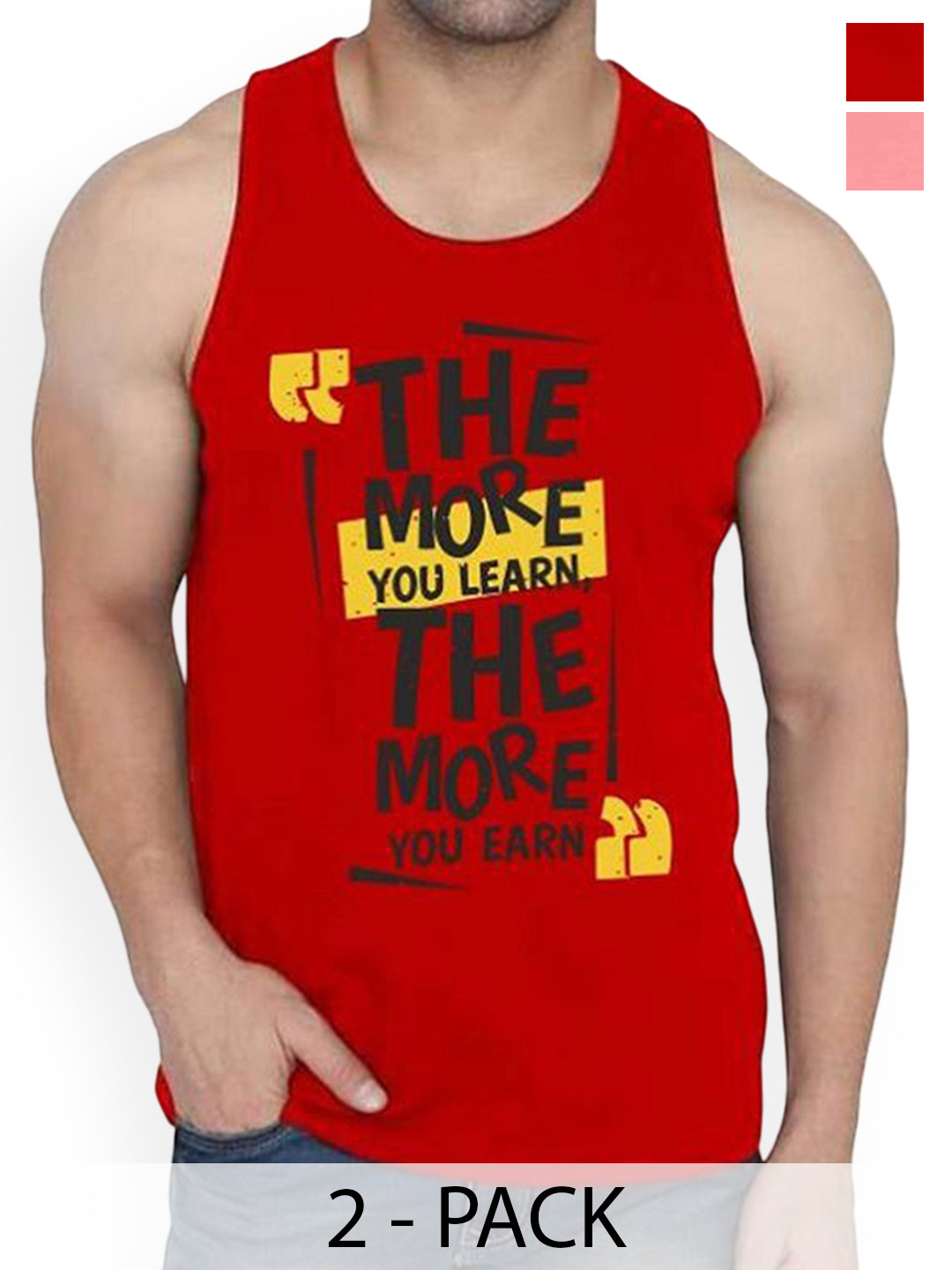 Woostro Men Pack Of 2 Printed Pure Cotton Gym VestsRS26 CMB (MORE RED) (MORE PEACH)