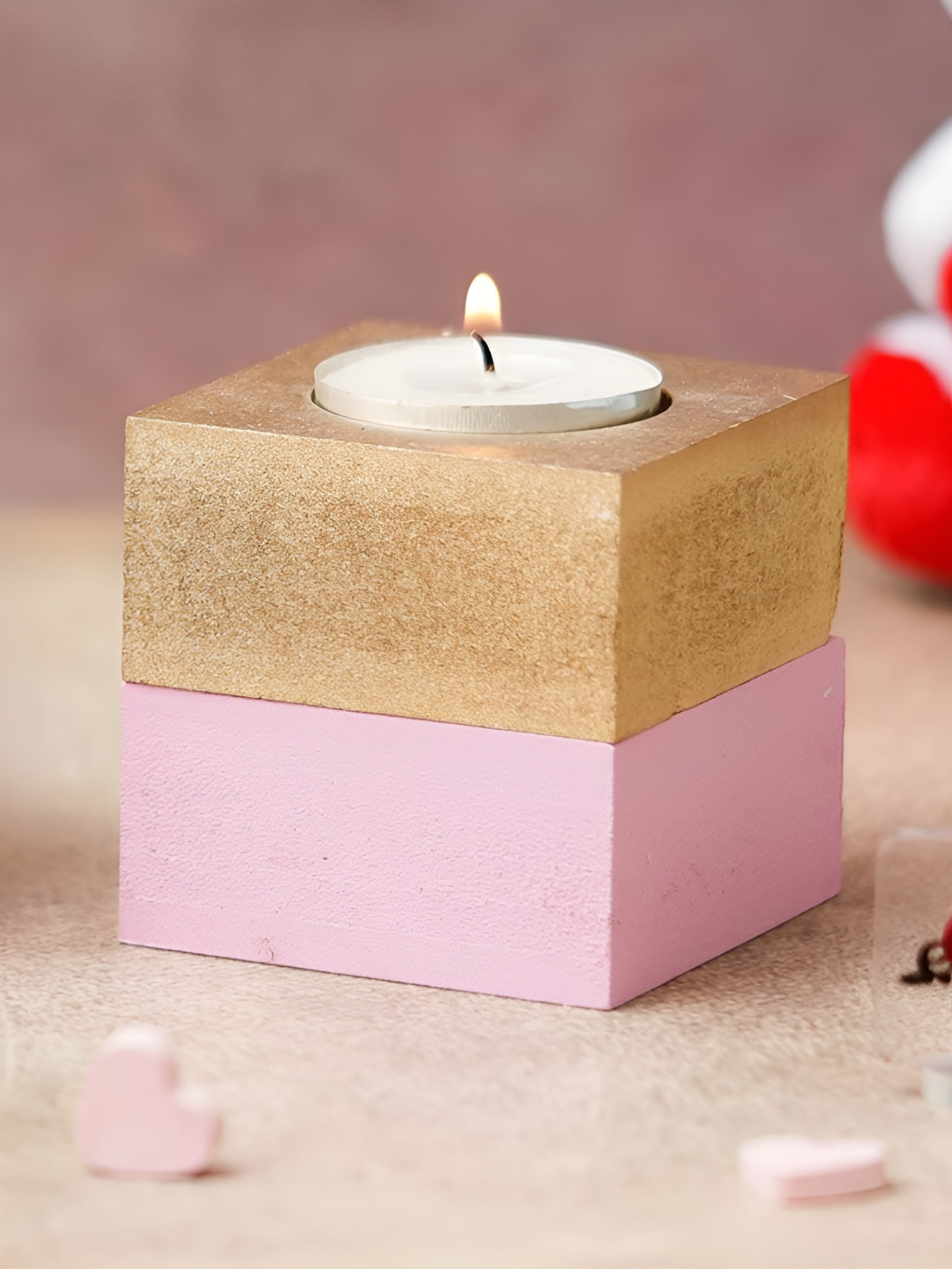 eCraftIndia Brown & Pink Wooden Tea Light Candle Holder