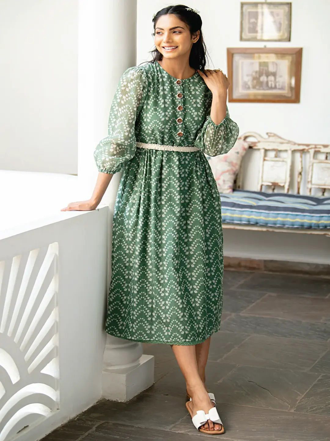 SUMMER BY PRIYANKA GUPTA Floral Printed Puff Sleeves Cotton A-Line Midi Dress
