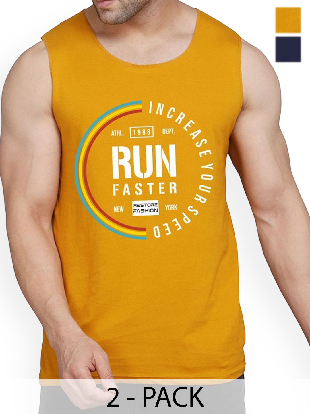 WOOSTRO 2-Pcs Printed Cotton Innerwear Vests RS26 CMB (RUN MUSTARD) (MORE NAVY)