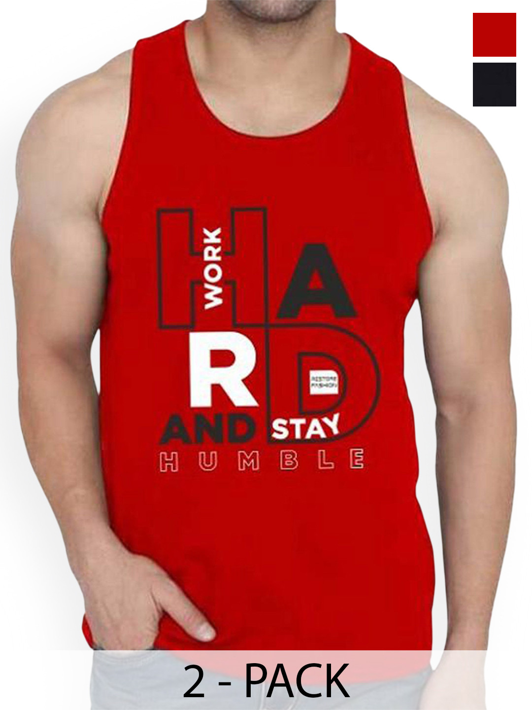 Woostro Pack Of 2 Printed Cotton Gym Vests RS26 CMB (HARD RED) (RUN BLACK)