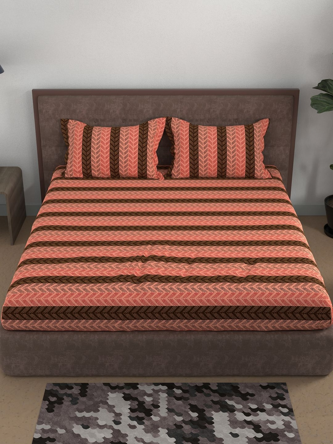 BELLA CASA Peach Geometric Cotton 180 TC Queen Superfine Bedsheet with 2 Pillow Covers-243 x 243 cm