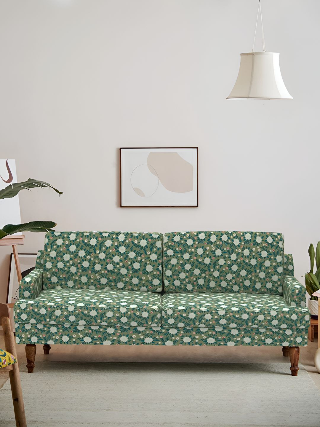 Chumbak Green & White Floral Printed Nawab Couch - Spring Marigold Inflatable Sofa & Bed