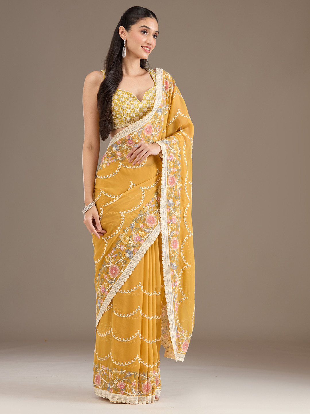 Koskii Mustard Embellished Tissue Saree
