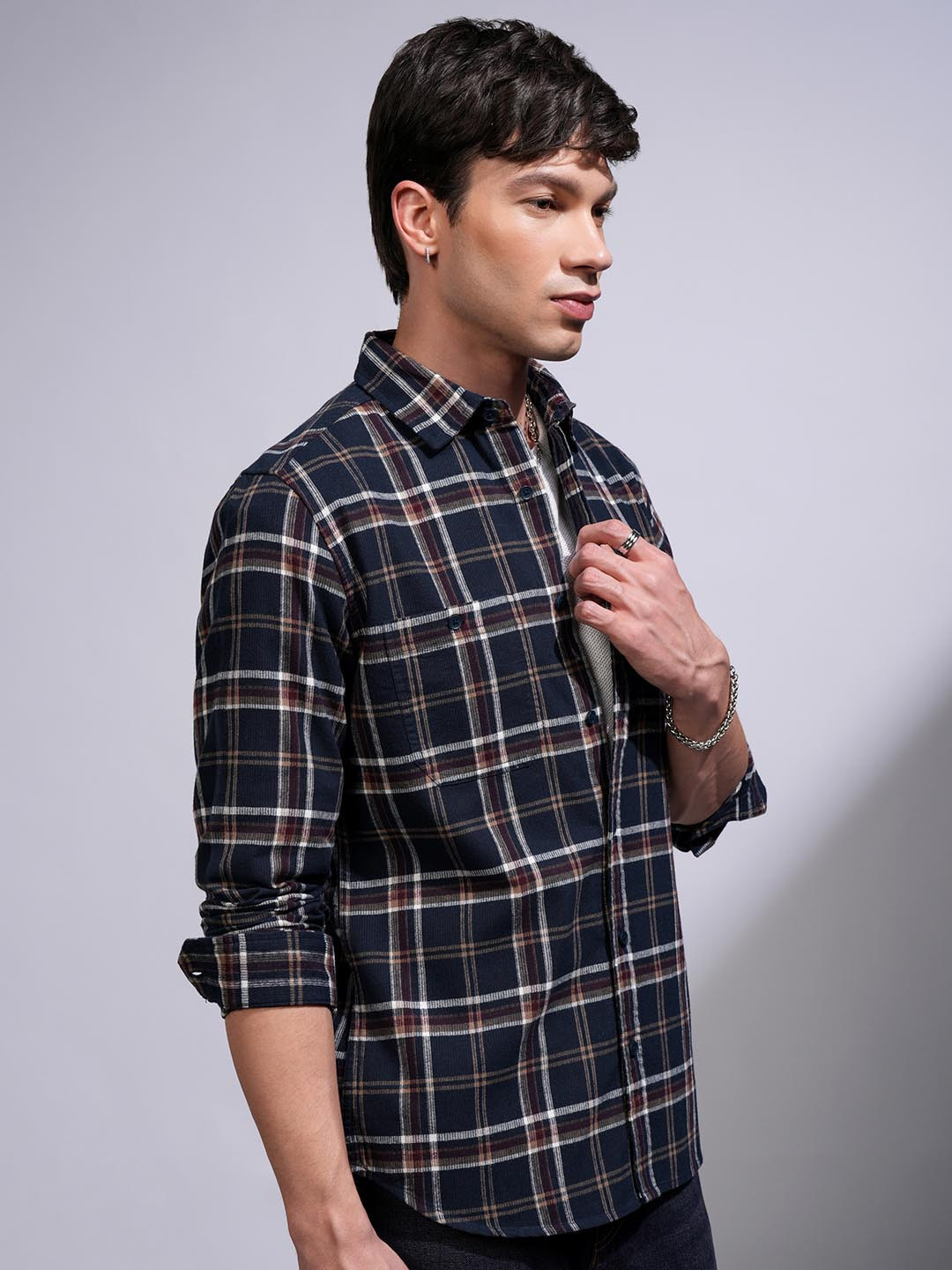 HIGHLANDER Men Flannel Textured Checked Casual Slim Fit Shirt
