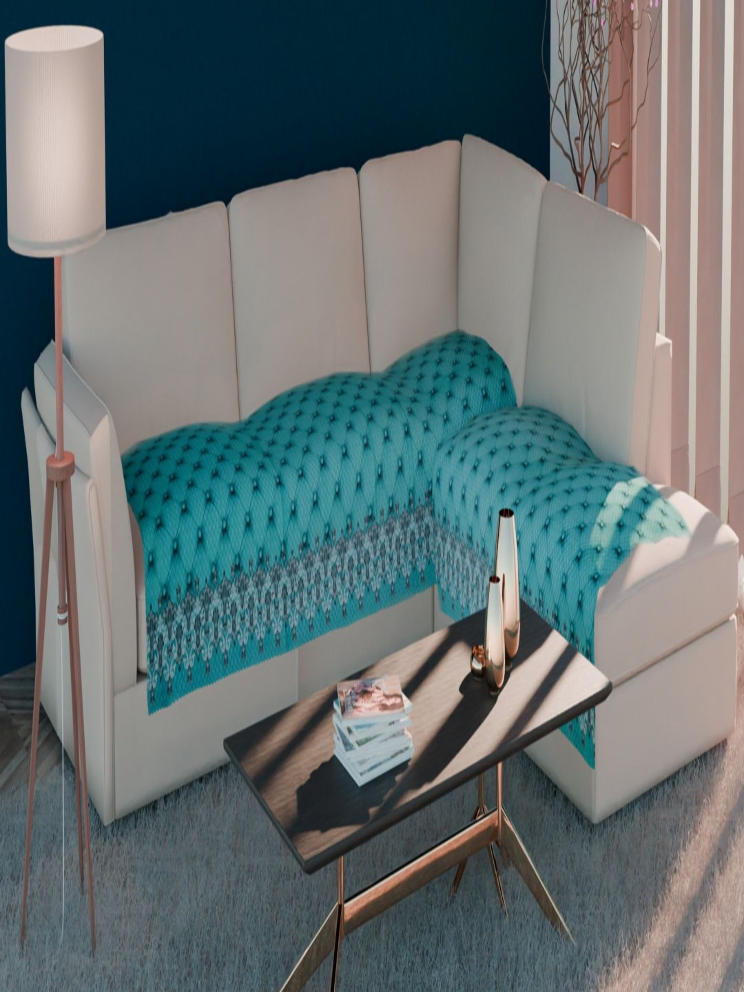 Fashion Throw Turquoise Blue and Grey 2 Pieces 7-Seater Floral Printed Velvet Sofa Covers