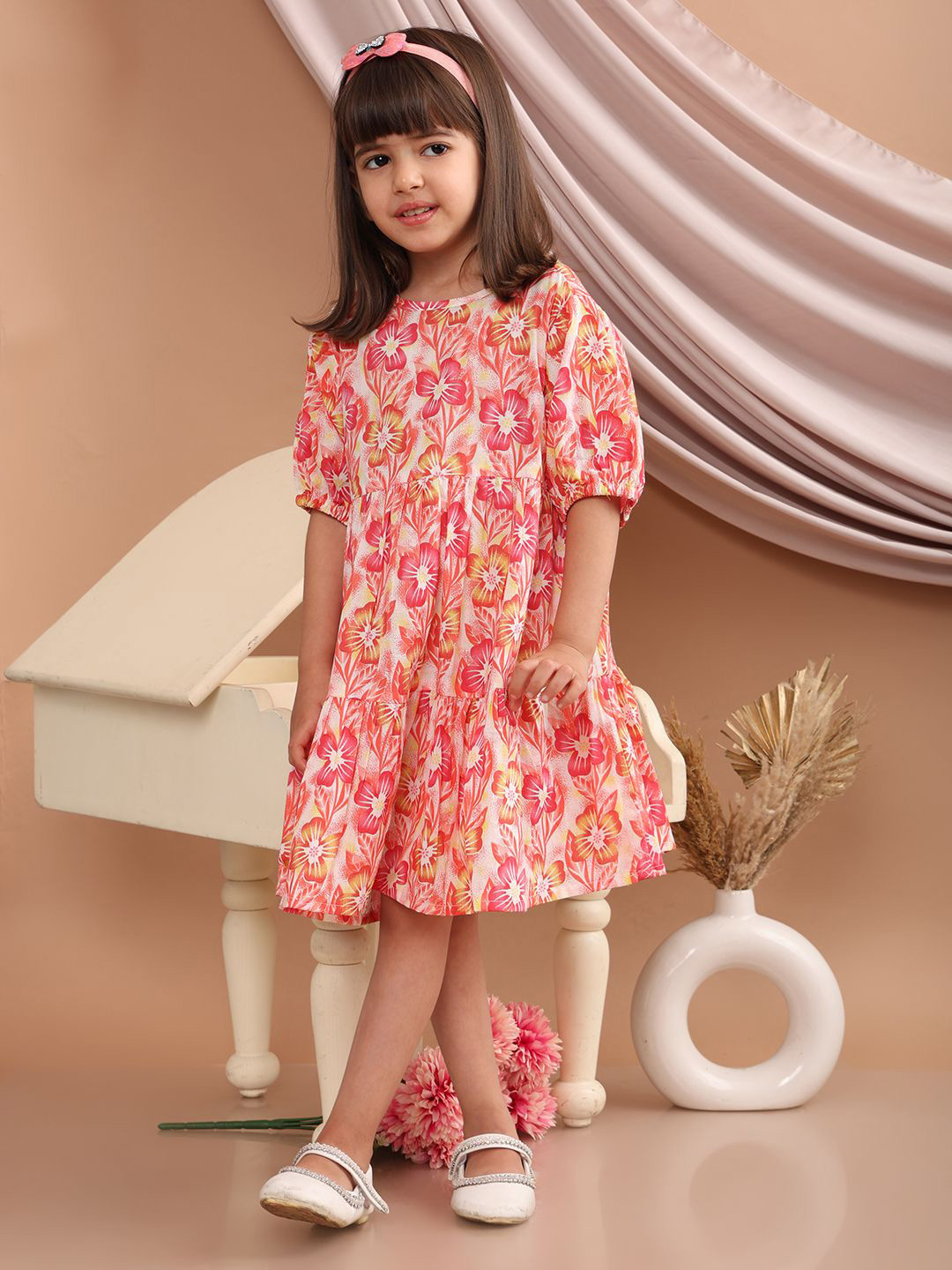 Superminis Girls Floral Printed Cotton Puff Sleeve Fit & Flare Dress