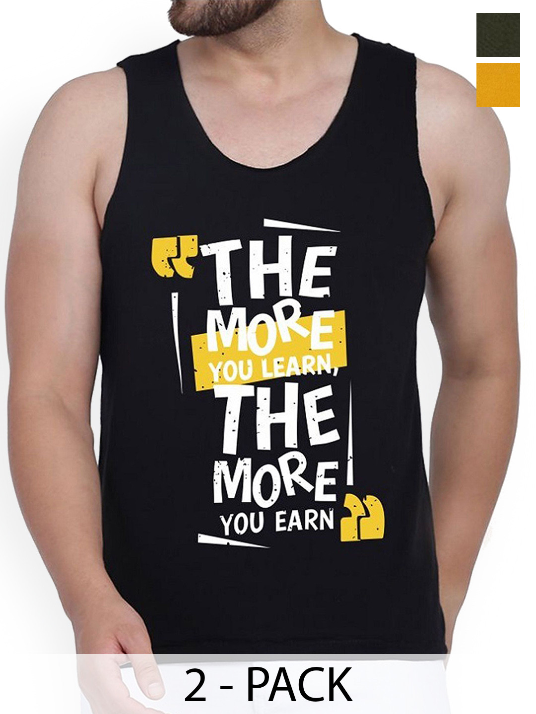 Woostro Pack Of 2 Printed Cotton Gym Vests RS26 CMB (MORE BLACK) (MORE MUSTARD)
