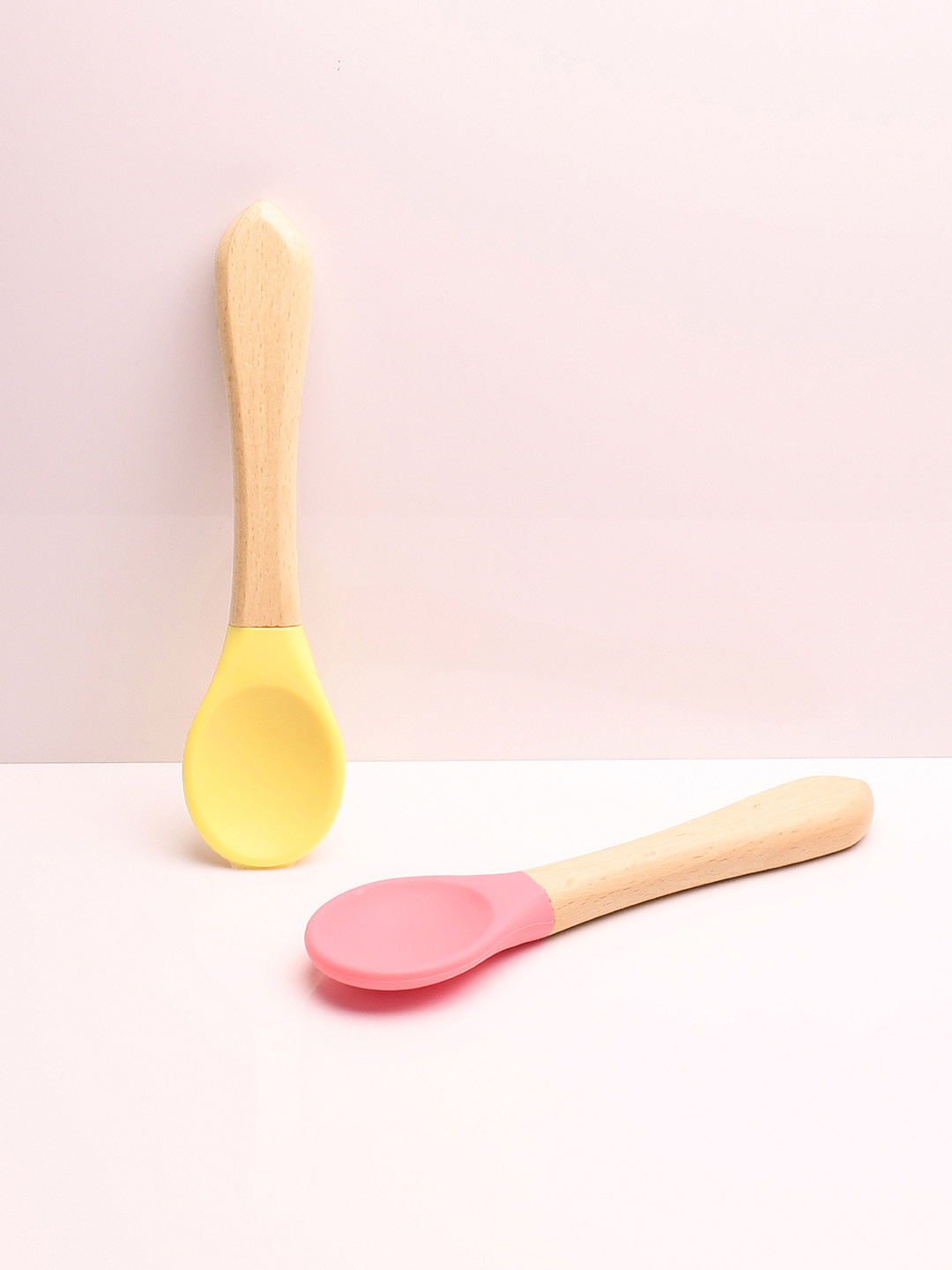 The Little Lookers 2-Pcs Pink & Yellow Silicone Spoon With Bamboo Handle