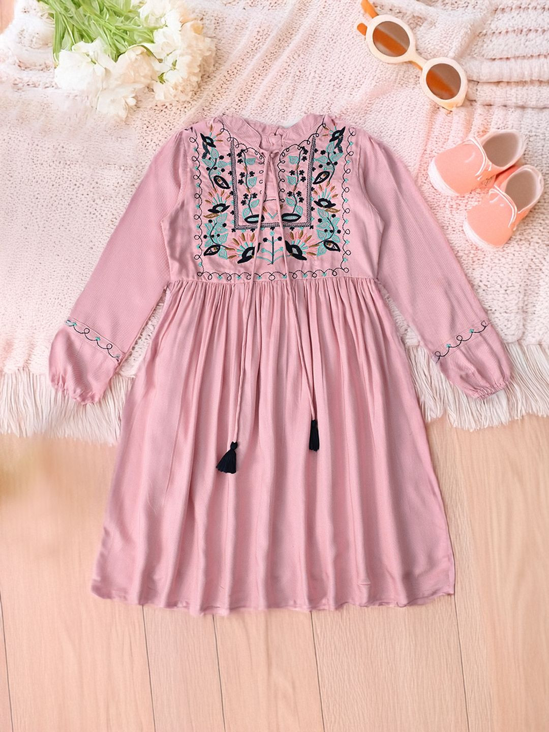 Bella Moda Girls Embroidered Cuffed Sleeves Cotton Fit & Flare Dress