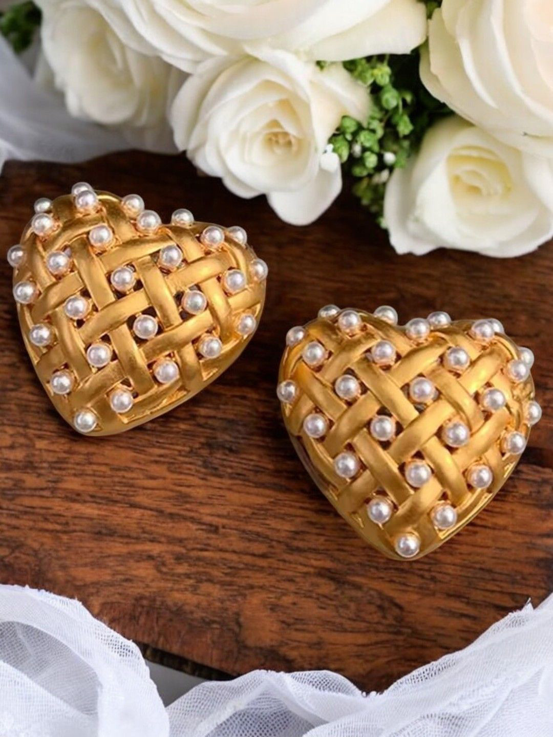 fabula Pearls Beaded Heart Shaped Large Studs