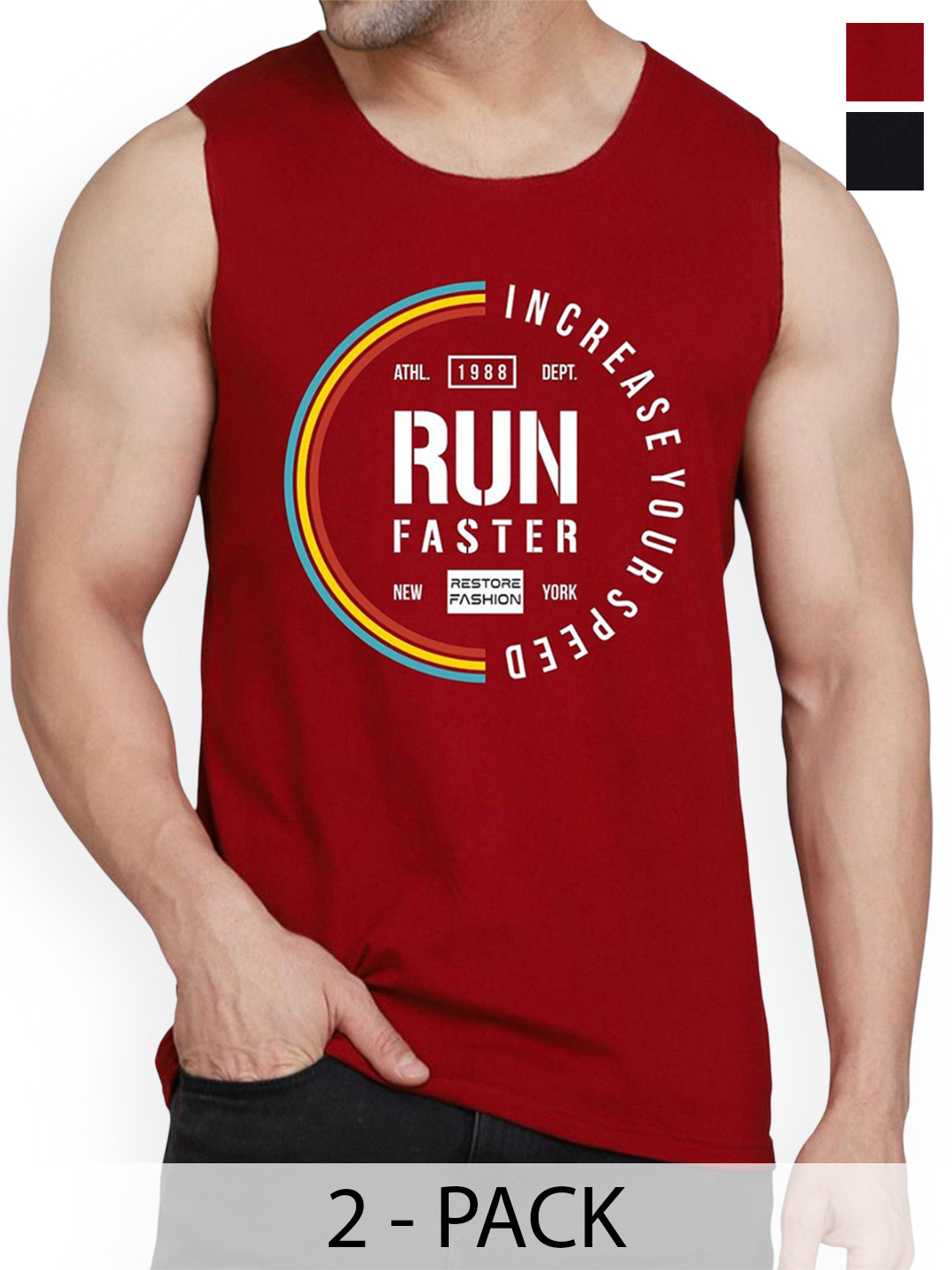 Woostro Men Pack Of 2 Printed Cotton Gym Vests RS26 CMB (RUN MAROON) (98 BLACK)