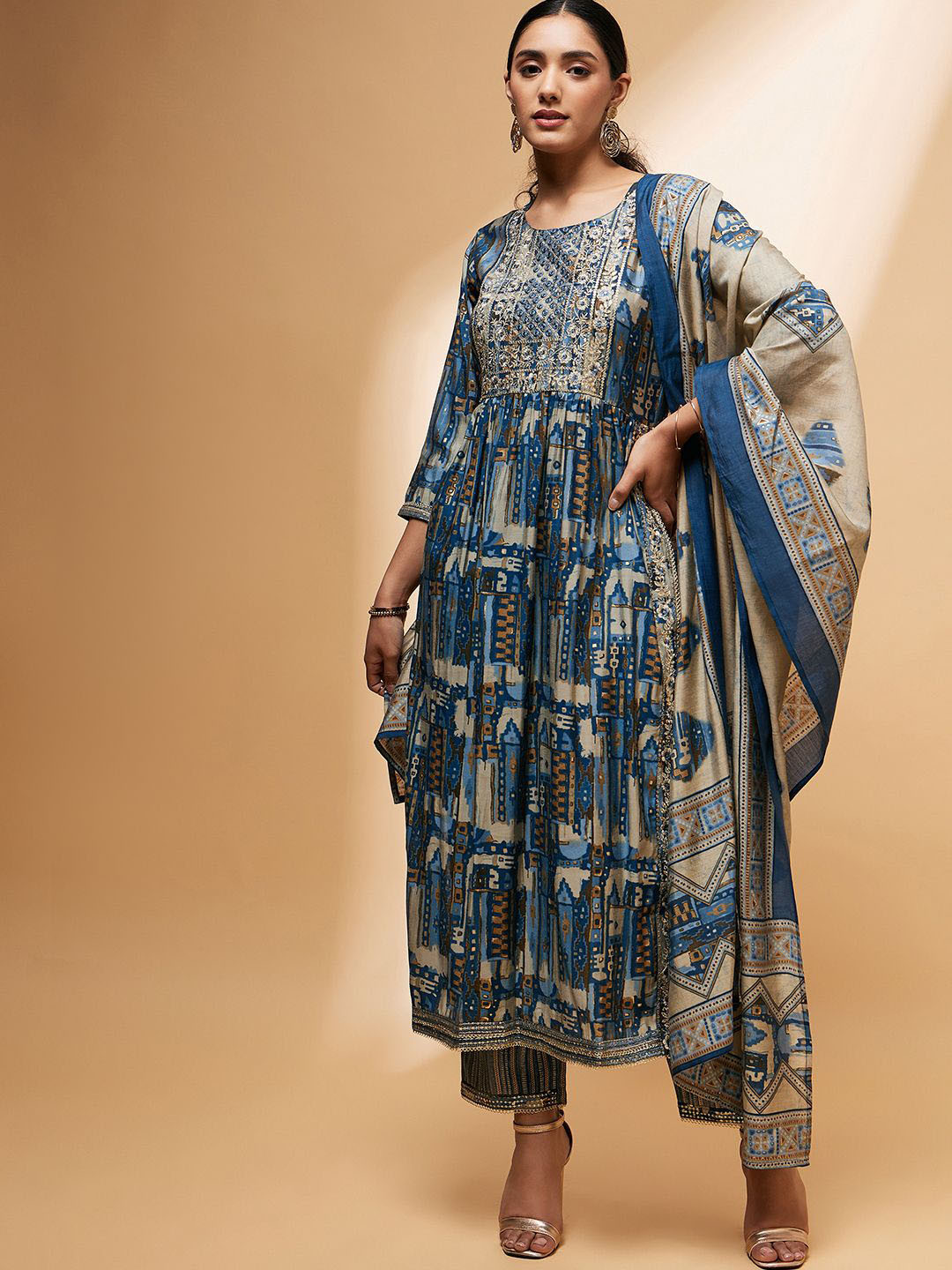 CHETI Women Yoke Design Pleated A-Line Kurta with Trousers & Dupatta