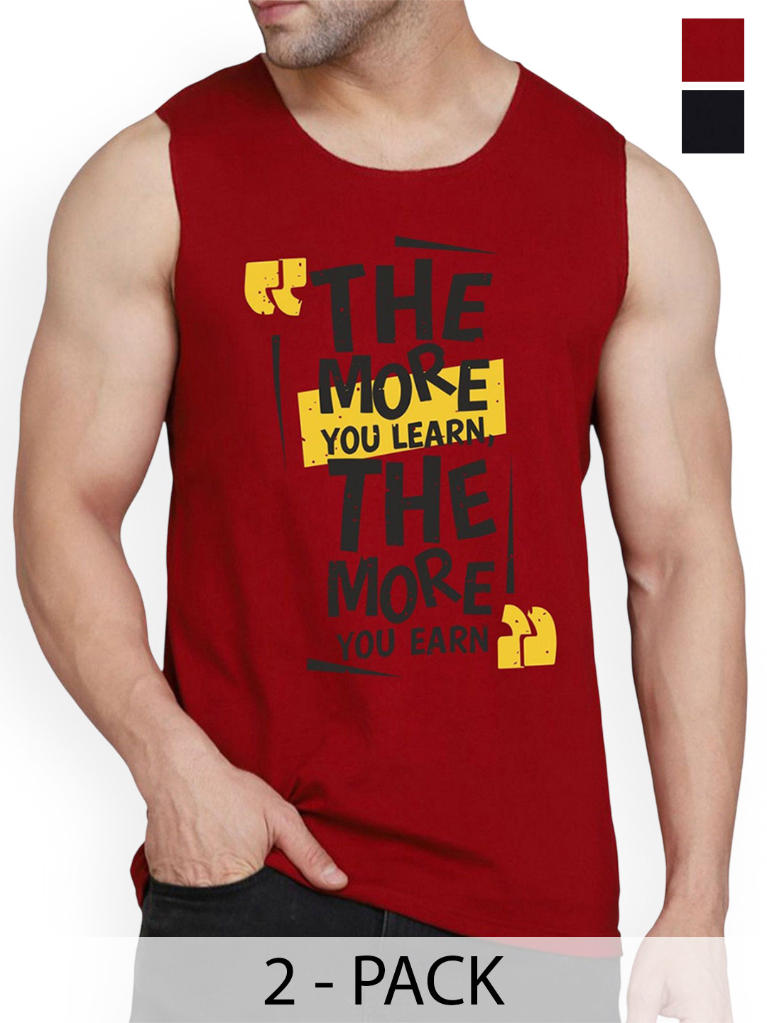 Woostro Pack Of 2 Printed Cotton Gym Vests RS26 CMB (MORE BLACK) (MORE MAROON)