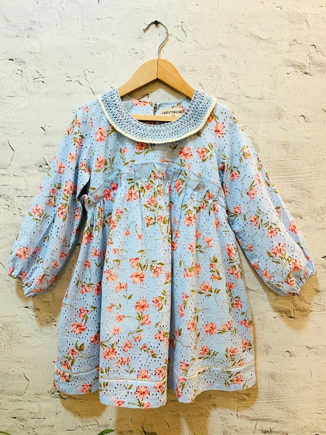 EARTHY TWEENS Girls Blue Schiffli Crochet Dress