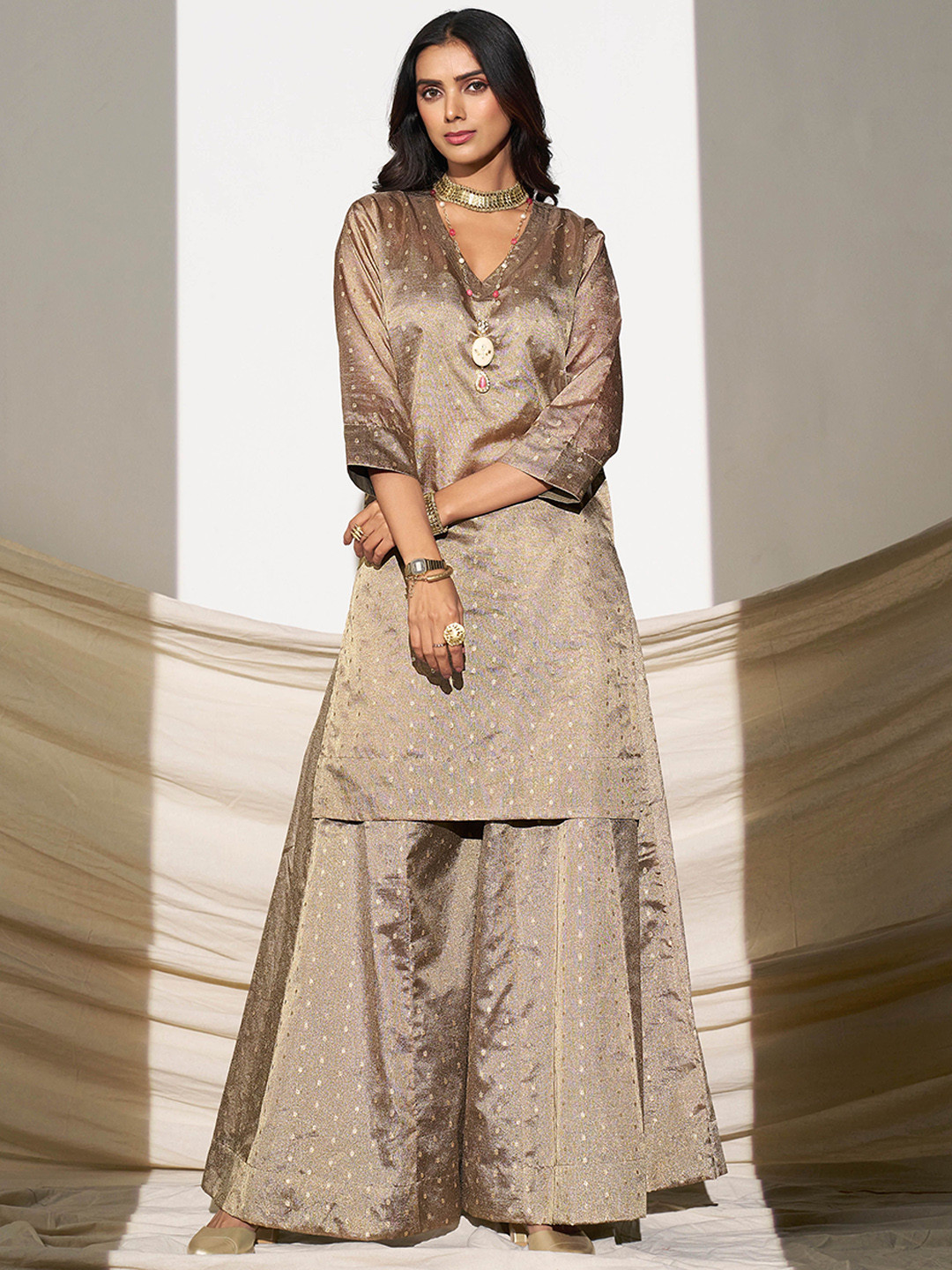 Sangria Beige Ethnic Motifs Woven Design V-Neck Straight Kurta With Palazzos And Camisole
