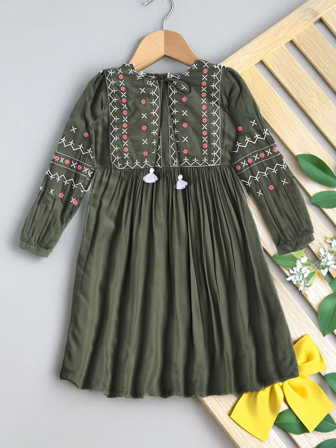 Bella Moda Girls Embroidered Cuffed Sleeves Cotton Fit & Flare Dress