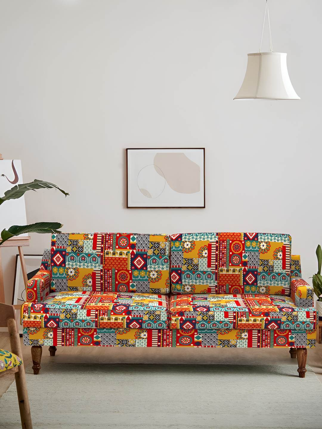 Chumbak Red & Yellow Nawab Couch - Floral Swirls 3 Seater Inflatable Sofa & Bed