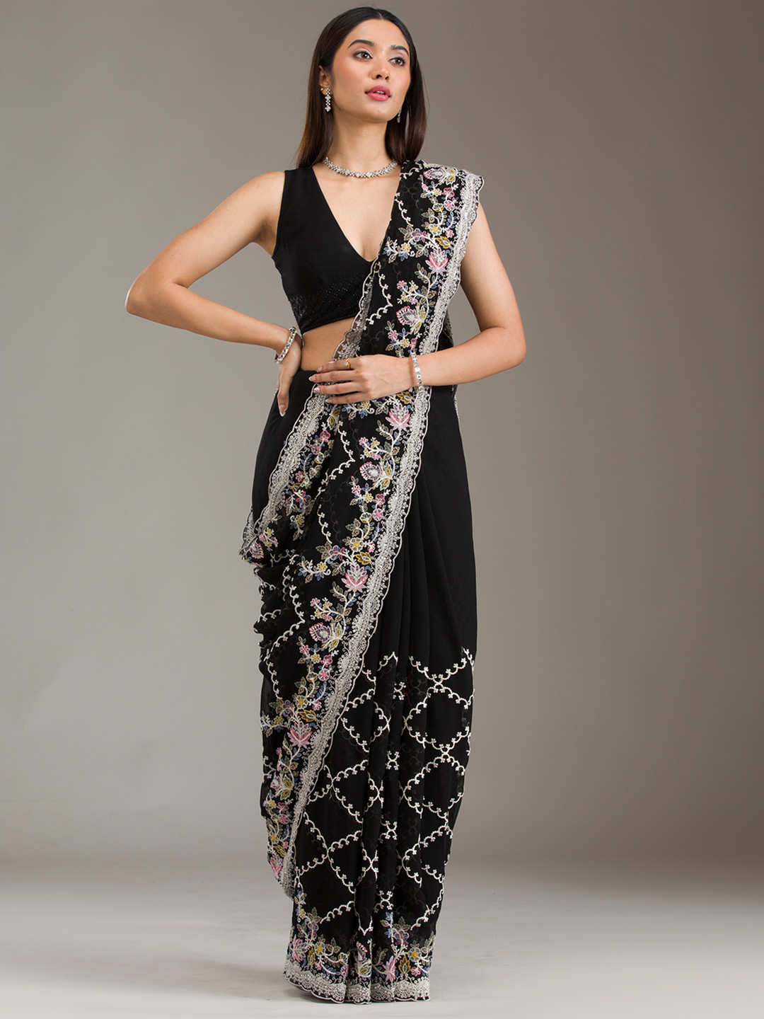 Koskii Embellished Sequinned Tissue Heavy Work Saree