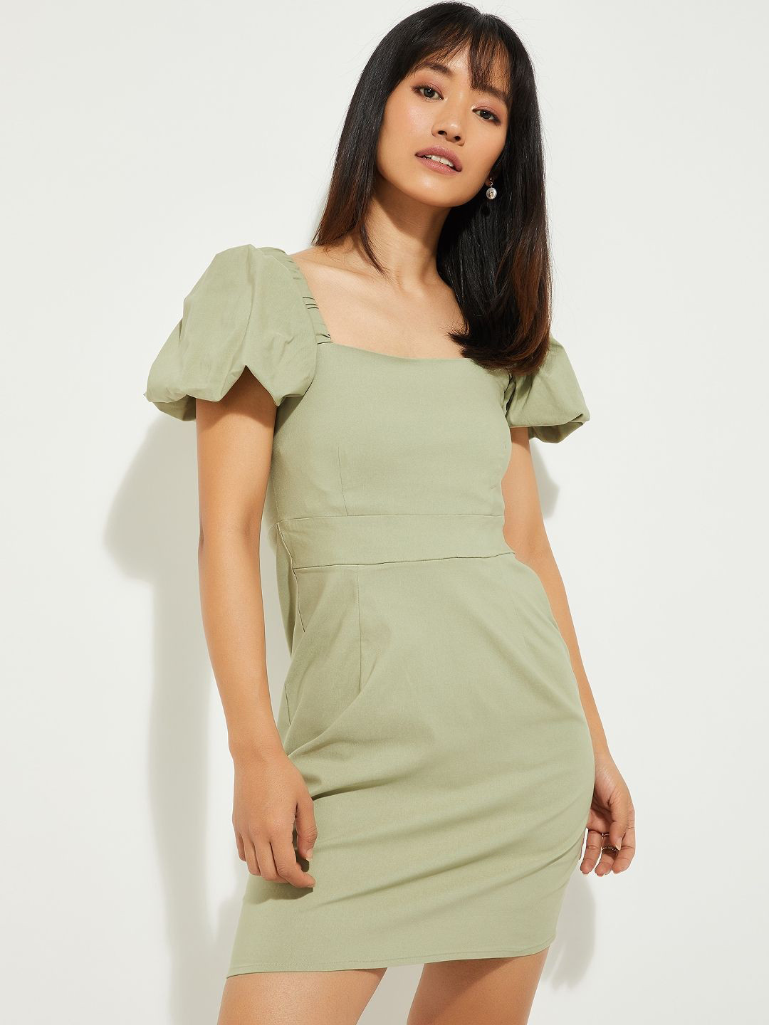 max Square Neck Puff Sleeve Sheath Mini Dress