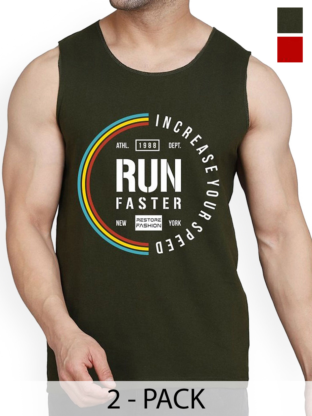 WOOSTRO Pack Of 2 Printed Cotton Gym Vests RS26 CMB (HARD RED) (RUN OLIVE)