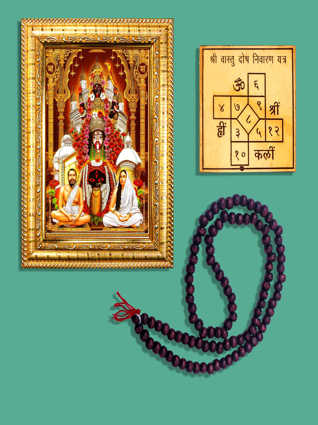 Hawai Gold-Toned Maa Tara With 108 Beads Mala & Dosh Nivaran Yantra Wooden Photo Frame