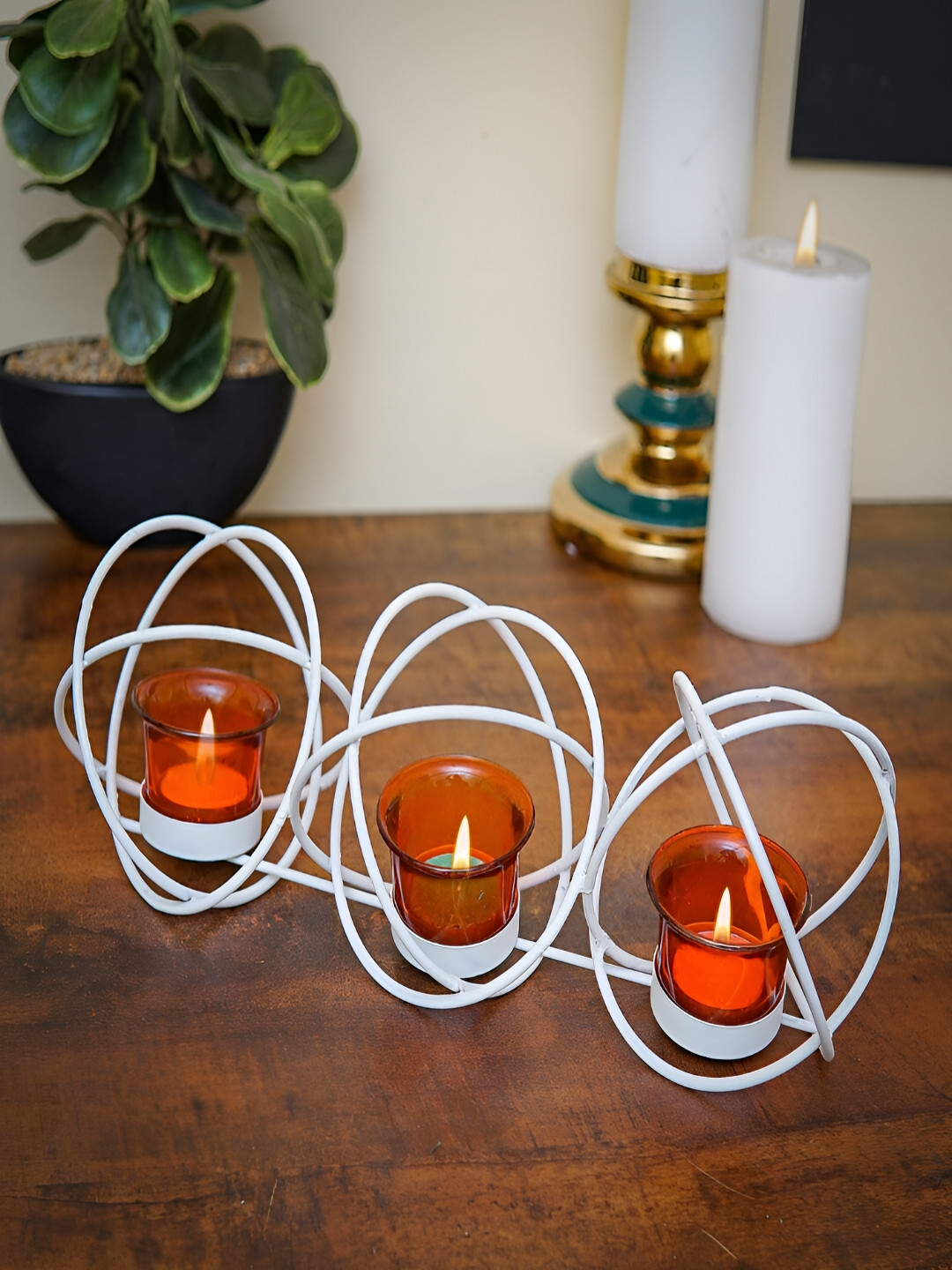 Craftlayout White and Orange Textured Metal Tea Light Candle Holder