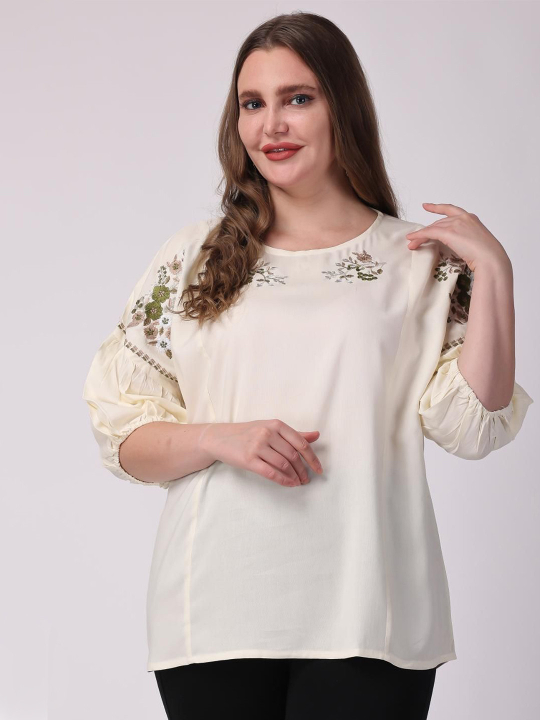 VAAMII Embroidered Puff Sleeves A-Line Top