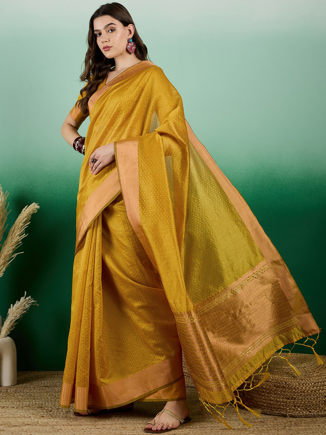 DEVATITHI Woven Design Gold Khadi Organza Saree