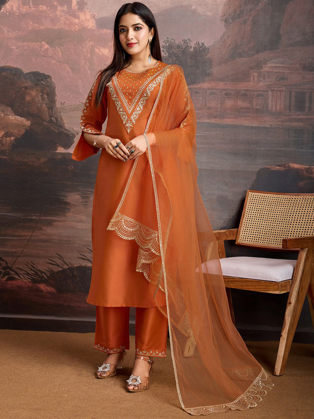 House of Pataudi Embroidered Kurta & Trousers With Net Dupatta Set