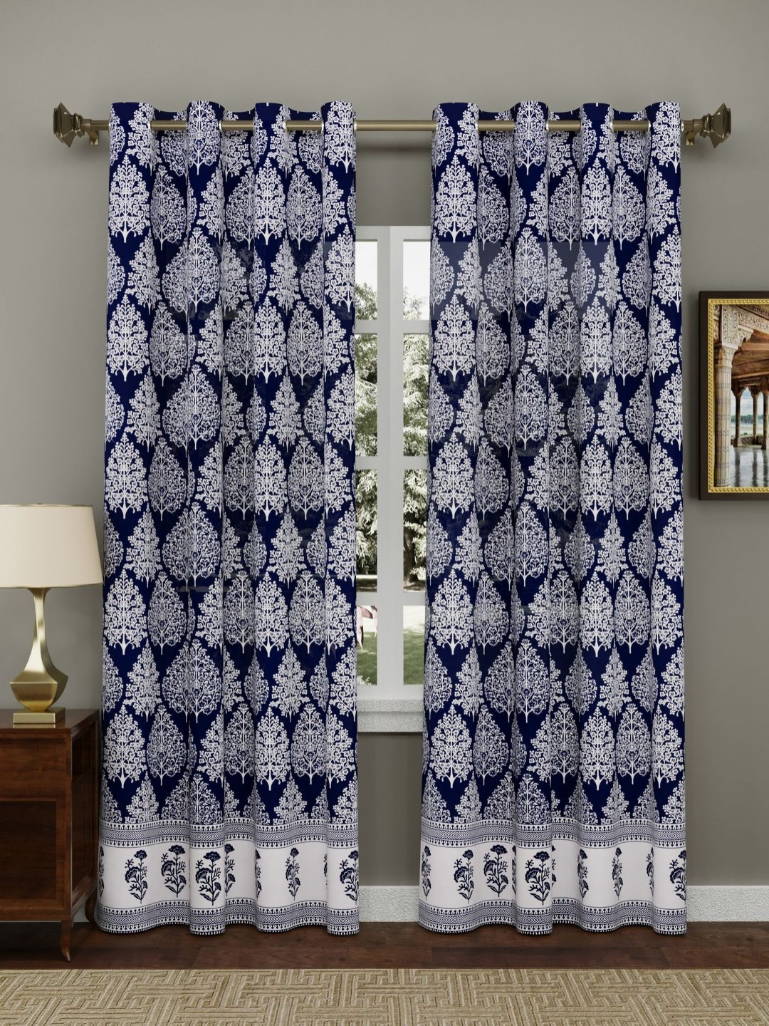 Myntra Elegant Homes Blue And White 2 Pieces Floral Printed Cotton Window Curtains
