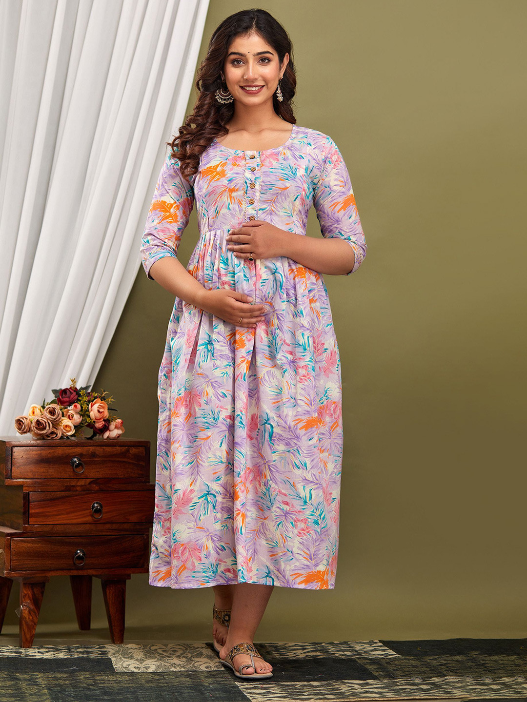 FEMARY Women Floral Printed Maternity Gown Maxi Dress